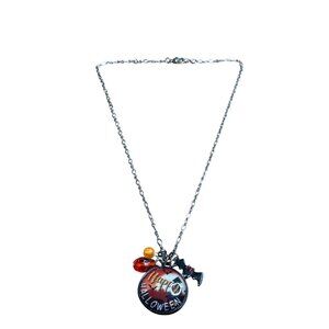 Happy Halloween Charm Necklace Bat Beads Black Orange Silvertone 18 inches Long